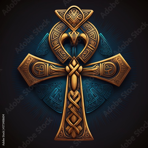 Ancient golden ankh symbol isolated on dark background. Illustration of an Egyptian cross in digital form. Generative AI The ancient Egyptians used the Ankh as a symbol for eternal life.