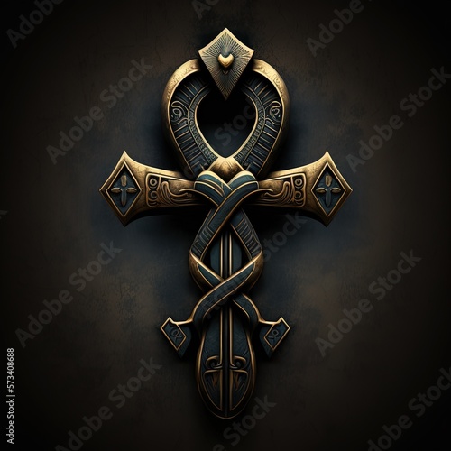 Canvas Print Ancient golden ankh symbol isolated on dark background