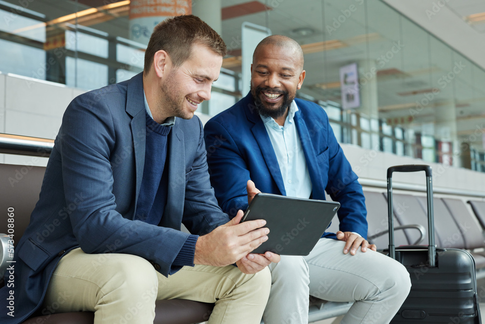 Airport, business team people and tablet talking of flight schedule, travel news or fintech management. Happy investment black man, international partner and digital technology for immigration advice - obrazy, fototapety, plakaty 
