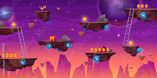 Flying rock islands vector game space background landscape. Cartoon planet in galaxy for arcade videogame. 2d ui level map with floating platform with gold goin in fantasy universe. World asset design