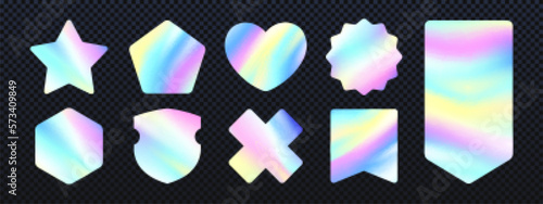 Holographic iridescent texture sticker or label, pearlescent rainbow or unicorn blur badge with soft pastel colors, vector stamp with gradient ombre neon effect, shield, star shape price or sale tag
