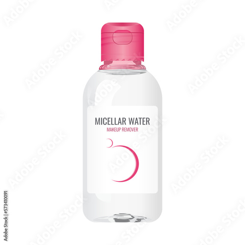 Realistic micellar water makeup remover bottle with pink cap. Mockup vector illustration in trendy flat 3d design style. Editable graphic resources for many purposes.