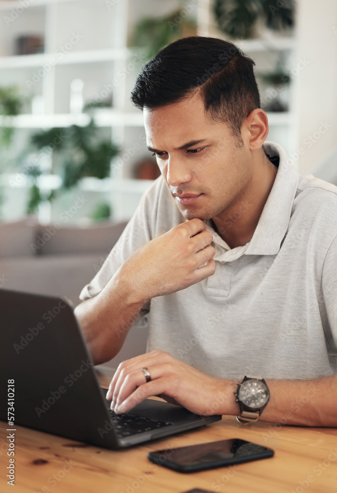 Concentrating, thinking and laptop with business man for freelancer, planning and website research. Strategy, email and idea with remote worker in home office for designer, internet and technology Concentrating, thinking and laptop with business man for freelancer, planning and website research. Strategy, email and idea with remote worker in home office for designer, internet and technology