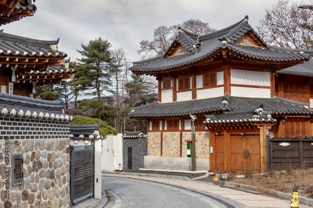 Brown Wooden Wood Traditional Korean Hanok Village Building And Trees On A Cloudy Day At Eunpyeong Hanok Village In Seoul South Korea