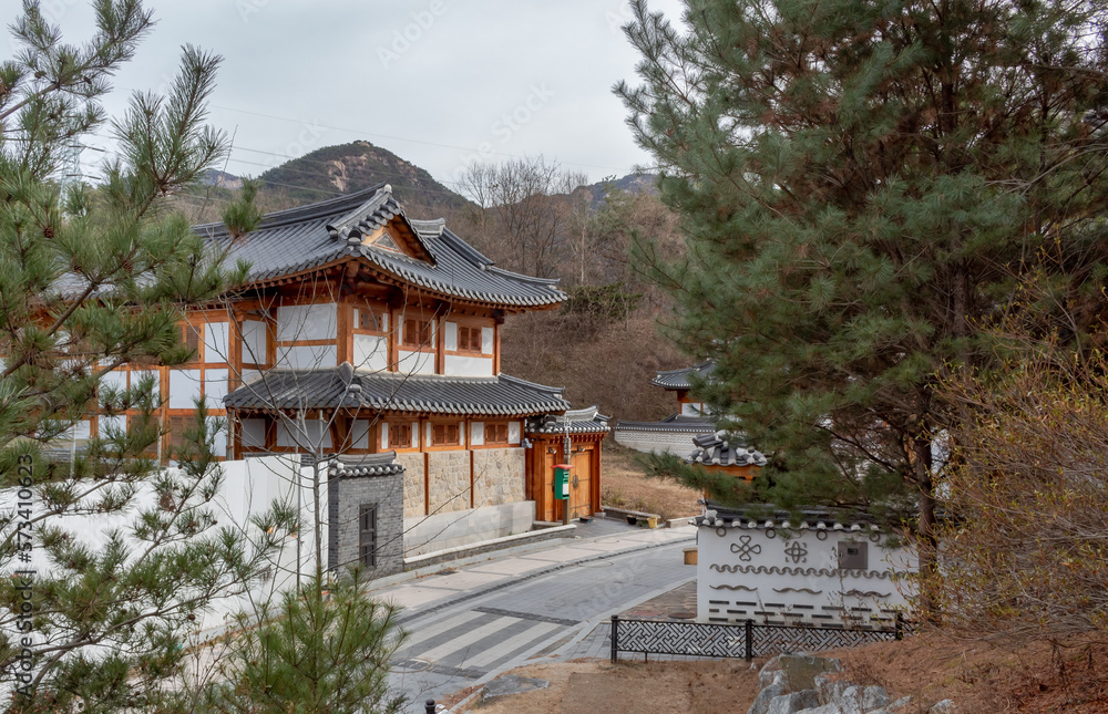 Brown Wooden Wood Traditional Korean Hanok Village Building And Trees On A Cloudy Day At Eunpyeong Hanok Village In Seoul South Korea Brown Wooden Wood Traditional Korean Hanok Village Building And Trees On A Cloudy Day At Eunpyeong Hanok Village In Seoul South Korea
