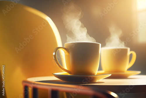 Coffee cups on table yellow background with morning light from a window. Generative AI