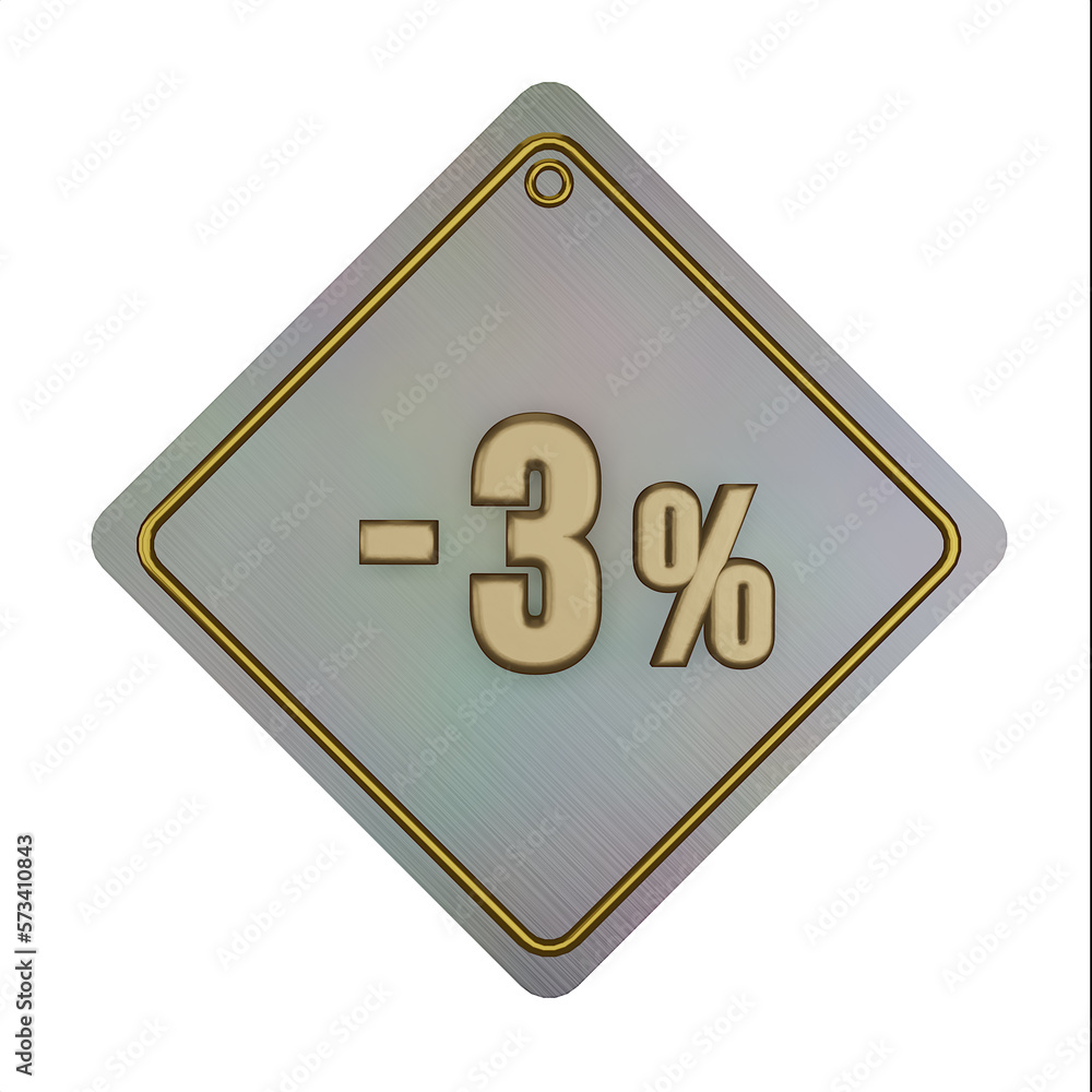 3d illustration, Golden texture -3% off discount letter promotion on ranbow metal price tag background sign symbol, premium label. 3d illustration, Golden texture -3% off discount letter promotion on ranbow metal price tag background sign symbol, premium label.