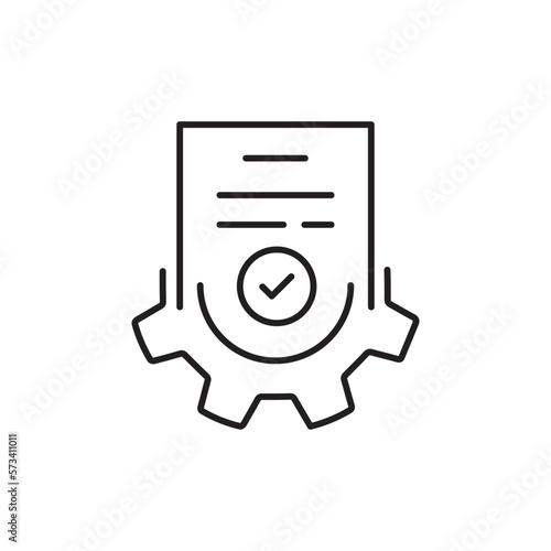 doc with gear icon like approved document flow. concept of paperwork regulatory process or checklist order. linear modern business efficiency logotype graphic stroke digital design isolated on white