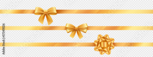 Gold ribbon knot set for holiday present. Yellow birthday package gift bow. Realistic 3d vector tape texture set. Border for anniversary greeting surprise. Valentine beautiful glossy tinsel.