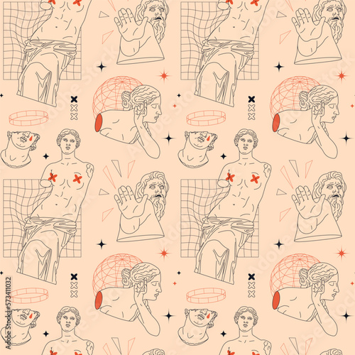Seamless vector pattern with Greek sculptures in a modern style. Editable stroke. Statues with abstract forms