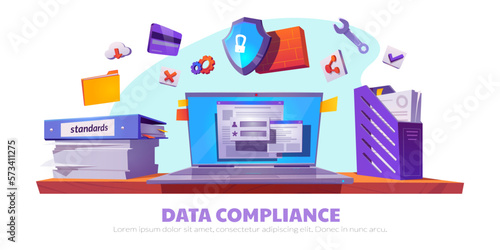 Data compliance cartoon banner template. Vector illustration of laptop, shield lock, credit card, folder with papers, brick wall, cloud and checkmark icons. Symbols of information security protection
