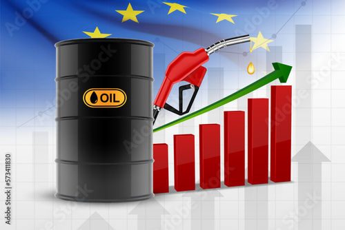 Oil barrel and fuel pump with chart of the oil index on background with Europe flag. Concept - energy crisis. EPS10 vector