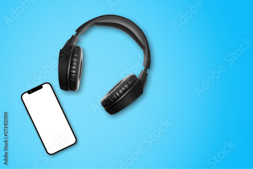 Smartphone and wireless headphones on blue background with copy space. EPS10 vector