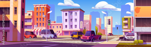 Cartoon city street intersection with many cars. Vector illustration of traffic jam on urban road, vehicles and police auto, buildings with cafe, book store, skyscraper silhouettes under blue sky