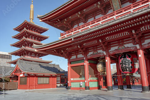 Famous lantern and colorful red and green wood traditional Buddhist temple building complex at Senso-ji Buddhism temple in Asakusa Tokyo