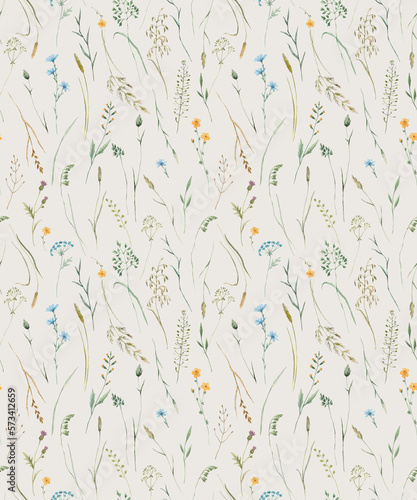 Beautiful floral seamless pattern with hand drawn watercolor wild herbs and flowers. Stock illustration.