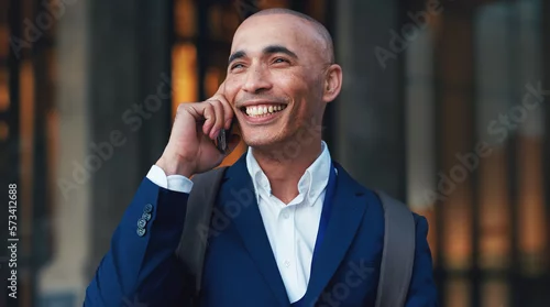 Obraz City, phone call and smile on sidewalk, businessman or lawyer outside law firm, successful legal advice. Ceo, man or happy boss with communication, 5g and smartphone, crm or networking conversation.
