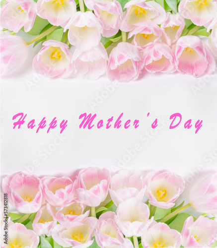 Happy Mother s Day text on greeting card. Pink Tulips in raw on white Background