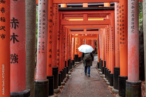 Man walking along a path of orange red torii gates with traditional Japanese writing  at the Fushimi Inari Shrine in Kyoto Japan © Jacki