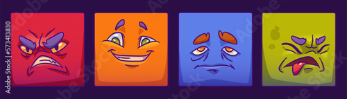 Set of square monster face for player avatar in game. Cartoon emotion expression on stickers in vector. Funny alien character clipart collection with happy, angry and upset or sad mood, eyes and brows
