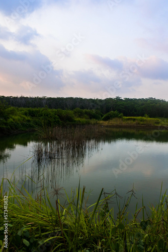 sunset in a meadow with a small pond in the middle