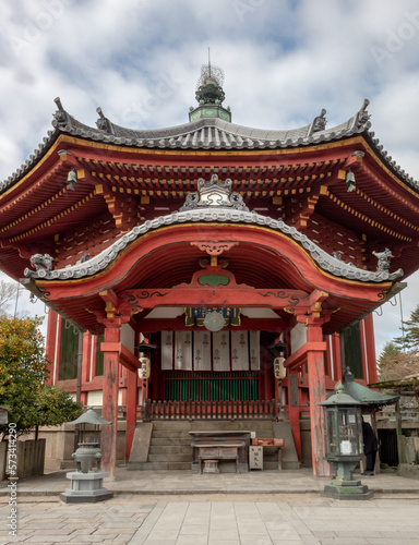 Colorful temple traditional architecture at the Kofuku-ji Kokuhokan Buddhist Temple in Nara Japan