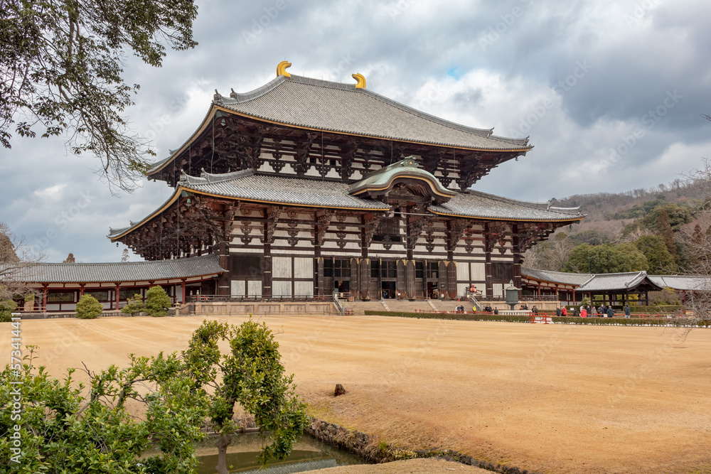 Brown wood style temple traditional architecture exterior at the Shi-Tōdai-ji Buddhist Temple historical site in Nara Japan