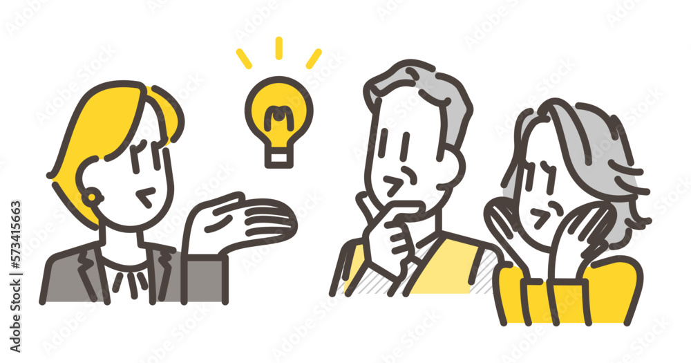 Senior couple receiving explanation from smiling female businessman [Vector illustration].