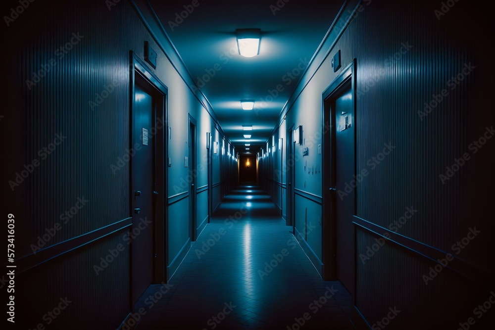 dark hallway, the atmosphere is dim and shadowy, casting a deep blue