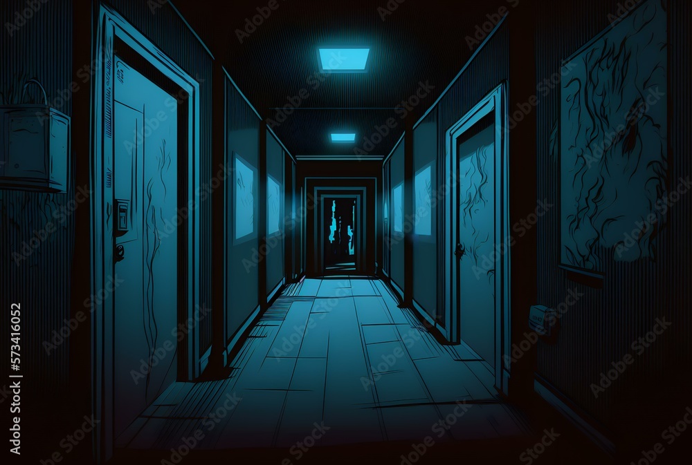 dark hallway, the atmosphere is dim and shadowy, casting a deep blue hue across the scene and creating an eerie, unsettling feeling, ANIME (AI Generated)