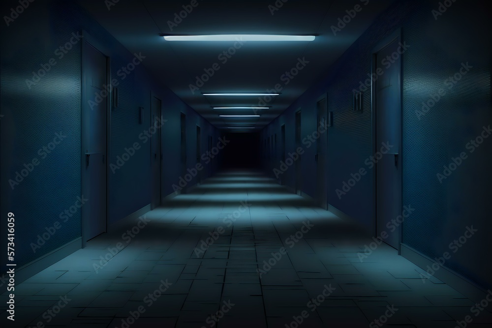 dark hallway, the atmosphere is dim and shadowy, casting a deep blue hue across the scene and creating an eerie, unsettling feeling (AI Generated)