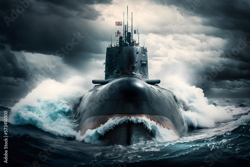 Army military Submarine move in north waters of ocean, dramatic mood. Generation AI