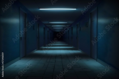 dark hallway, the atmosphere is dim and shadowy, casting a deep blue hue across the scene and creating an eerie, unsettling feeling (AI Generated)