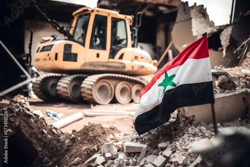 Country Syria Destroy after Earthquake, working Rescue service excavator clears rubble of house after natural disaster. Generation AI