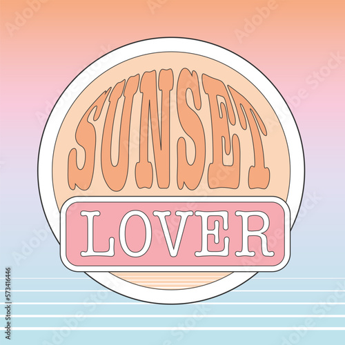 Sunset lover beach holidays quote preppy vector design. Abstract sun and calm sea, summer vacation distorted typography phrase on a beautiful pastel pink, orange and blue gradient background.