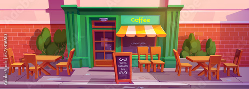Coffee shop, cafe or restaurant exterior on city street. Building facade with cafeteria storefront with door, awning and window, signboard, tables and chairs outdoor, vector cartoon illustration
