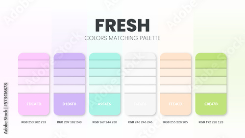 Color palette in Fresh colour theme collections. Color inspiration or colour chart with codes template. Color combination set of RGB. Colors swatch for graphic design, art, fashion, or web design.