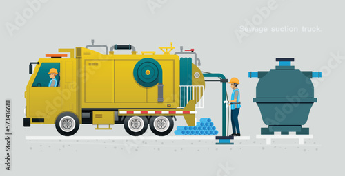 Workers are using a sewage vacuum truck against a gray background.