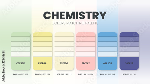 Color palette in Chemistry colour theme collections. Color inspiration or colour chart with codes template. Color combination set of RGB. Colors swatch for graphic design, art, fashion, or web design.