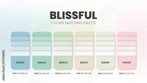 Color palette in Blissful colour theme collections. Color inspiration or colour chart with codes template. Color combination set of RGB. Colors swatch for graphic design, art, fashion, or web design.