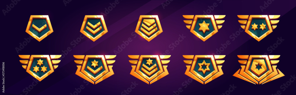 Cartoon set of game rank badge isolated on background. Vector illustration of shiny golden pentagonal medals decorated with stars and wings. Symbol of achievement, award for victory, trophy emblem - obrazy, fototapety, plakaty 