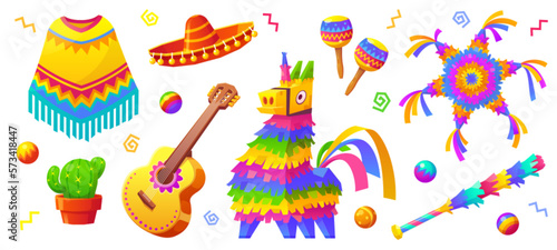 Cartoon set of mexican party accessories isolated on white background. Vector illustration of traditional donkey pinata, spanish guitar, maracas, sombrero, potted cactus. Child birthday elements