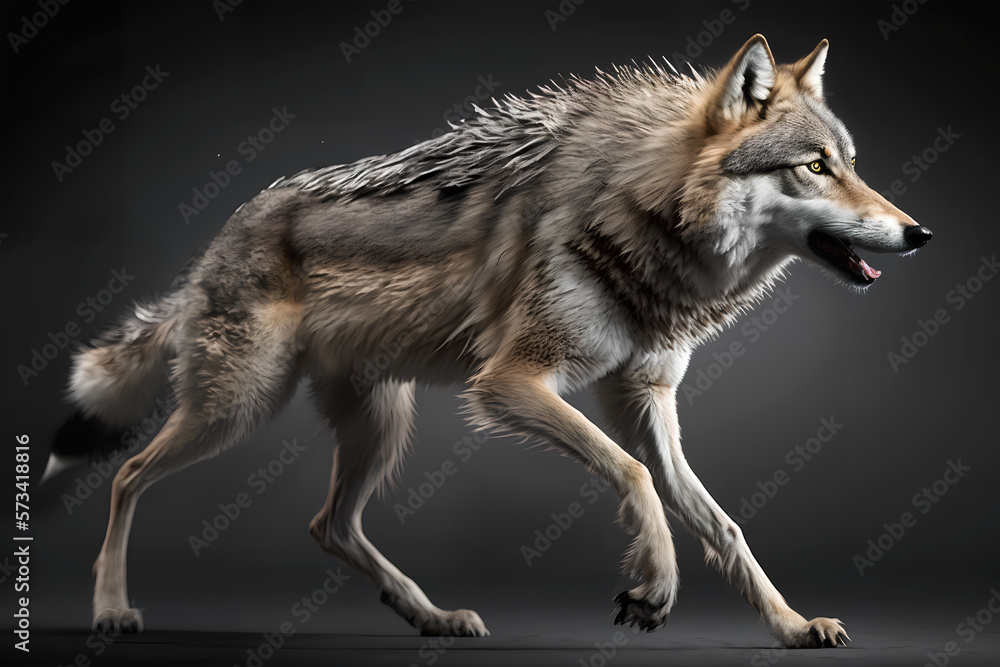 Fototapeta premium Scary wolf, isolated on dark background. Generative Ai