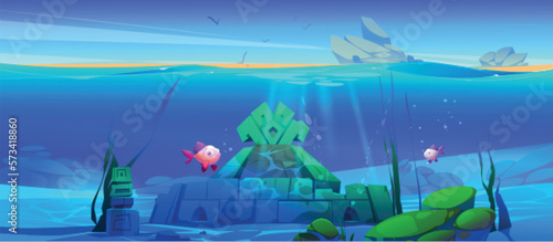 Ancient underwater ruins on sea bottom. Vector cartoon illustration of old stone building or treasure cave, antique inscriptions, mysterious signs on bricks, fish in water. Adventure game background