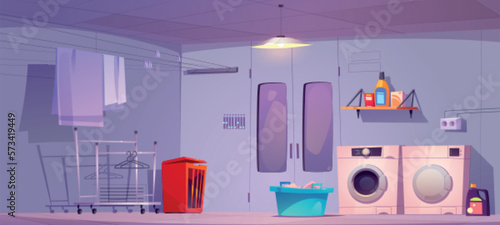 Cartoon laundry room interior design. Vector illustration of washing machine and drier, clean sheets drying on rack, dirty clothes in basket, detergent boxes and bottles on shelf. Household chores