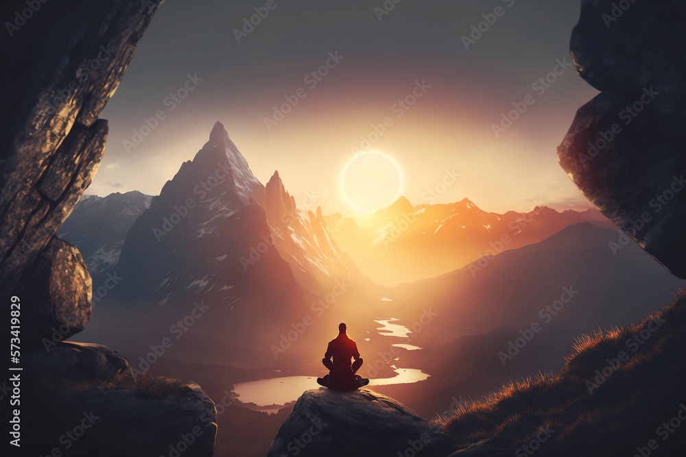 Serenity in the Mountains: Practicing Yoga and Meditation at Sunset, generative ai
