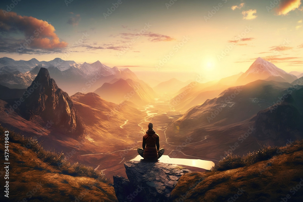 Serenity in the Mountains: Practicing Yoga and Meditation at Sunset, generative ai Serenity in the Mountains: Practicing Yoga and Meditation at Sunset, generative ai