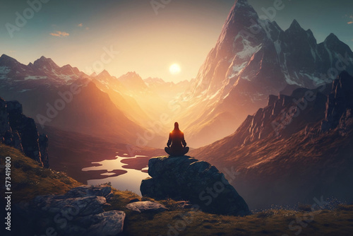 Serenity in the Mountains: Practicing Yoga and Meditation at Sunset, generative ai © jambulart