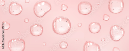 Realistic serum drops on pink surface background. Vector illustration of 3d liquid blobs with gel, oil, collagen, jelly, water texture and glossy surface. Cosmetic beauty care product with hyaluron
