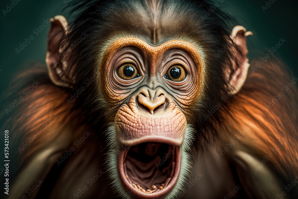 Chimpanzee expresses emotions Funny monkey with an open mouth. Comedy Wildlife background. Generative AI